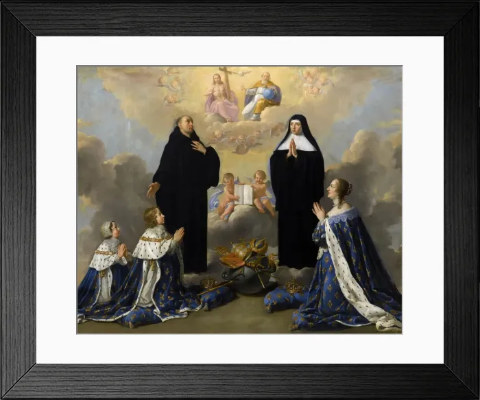 Framed Print : Anna of Austria with her children, praying to the Holy Trinity with Saints Benedict and Scholastica. Artist: Champaigne, Philippe, de (1602-1674) Framed Print : Anna of Austria with her children, praying to the Holy Trinity with Saints Benedict and Scholastica. Artist: Champaigne, Philippe, de (1602-1674)