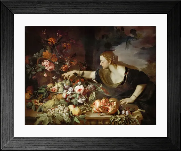 Framed Print : Woman taking fruit. Artist: Brueghel, Abraham (1631-1697) Framed Print : Woman taking fruit. Artist: Brueghel, Abraham (1631-1697)