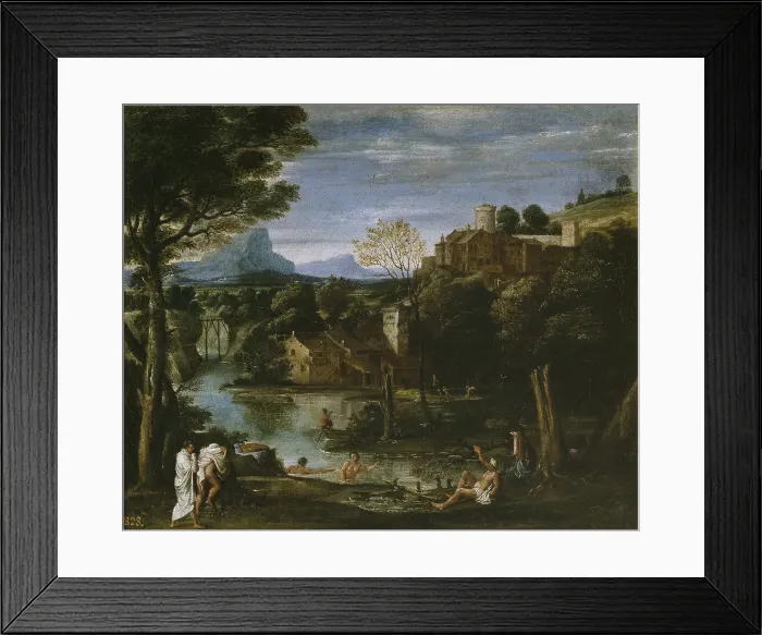 Framed Print : Landscape with river and bathers. Artist: Carracci, Annibale (1560-1609) Framed Print : Landscape with river and bathers. Artist: Carracci, Annibale (1560-1609)