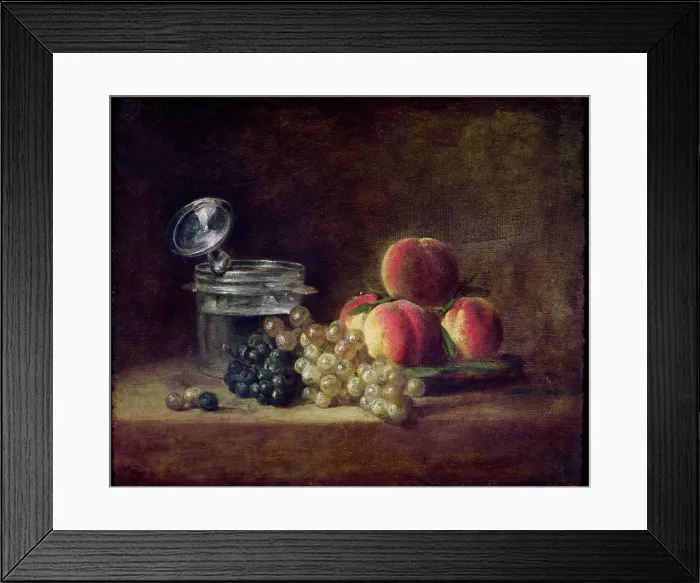 Framed Print : Still Life with a Basket of Peaches, White and Black Grapes, Cooler and Wineglass. Artist: Chardin, Jean-Baptiste Simeon (1699-1779) Framed Print : Still Life with a Basket of Peaches, White and Black Grapes, Cooler and Wineglass. Artist: Chardin, Jean-Baptiste Simeon (1699-1779)
