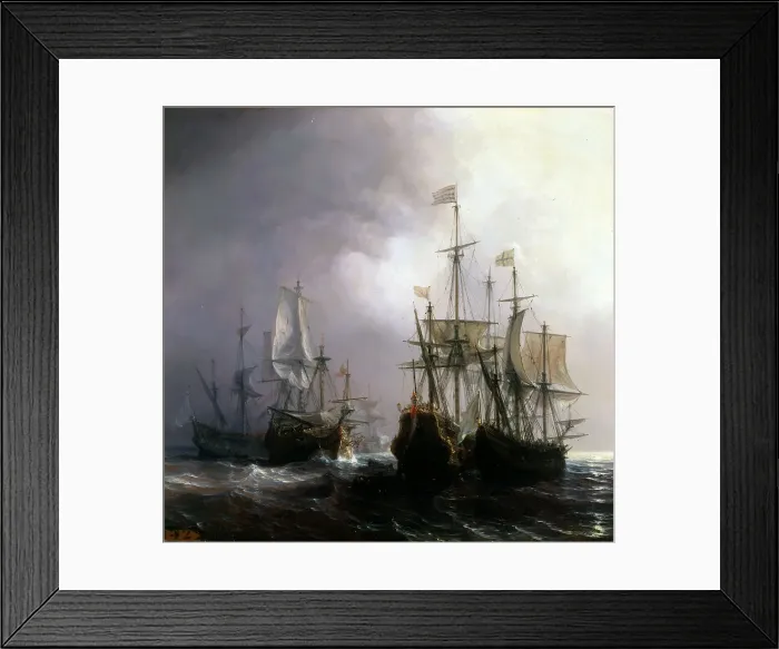 Framed Print : Capture of three Dutch Commercial Vessels by the French Ships Fidele, Mutine and Jupiter, in 1711. Artist: Gudin, Theodore (1802-1880) Framed Print : Capture of three Dutch Commercial Vessels by the French Ships Fidele, Mutine and Jupiter, in 1711. Artist: Gudin, Theodore (1802-1880)