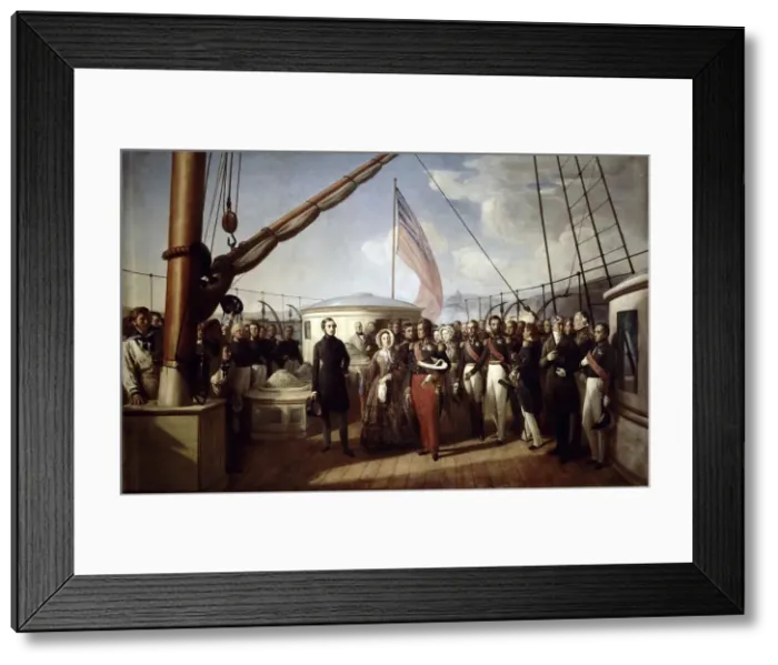 Framed Print : Queen Victoria recieved the King Louis Philippe I on board the Royal Yacht, 2 September 1843. Artist: Biard, Francois-August (1798-1882) Framed Print : Queen Victoria recieved the King Louis Philippe I on board the Royal Yacht, 2 September 1843. Artist: Biard, Francois-August (1798-1882)