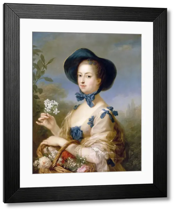 Framed Print : Jeanne-Antoinette Poisson, marquise de Pompadour (Belle Jardiniere). Artist: Van Loo, Carle (1705-1765) Framed Print : Jeanne-Antoinette Poisson, marquise de Pompadour (Belle Jardiniere). Artist: Van Loo, Carle (1705-1765)