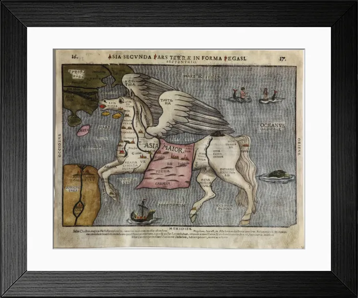 Framed Print : Asia Secunda Pars Terrae in Forma Pegasi (Asia in the Form of Pegasus). Artist: Bunting, Heinrich (1545-1606) Framed Print : Asia Secunda Pars Terrae in Forma Pegasi (Asia in the Form of Pegasus). Artist: Bunting, Heinrich (1545-1606)