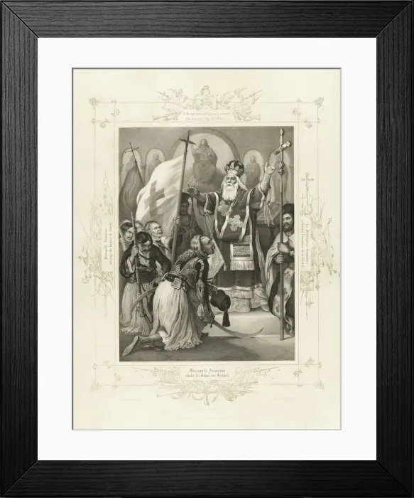Framed Print : The Metropolitan Germanos raising the banner of freedom (From the Album of Greek Heroism). Artist: Hess, Peter von (1792?1871) Framed Print : The Metropolitan Germanos raising the banner of freedom (From the Album of Greek Heroism). Artist: Hess, Peter von (1792?1871)