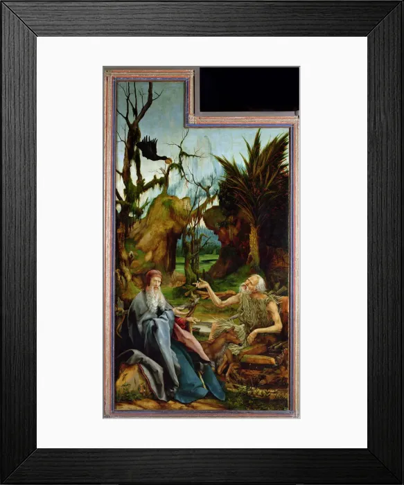 Framed Print : The Isenheim Altarpiece. Left wing: Meeting of Saint Anthony and Saint Paul the Anchorite in the Des Artist: Grunewald, Matthias (ca 1470-1528) Framed Print : The Isenheim Altarpiece. Left wing: Meeting of Saint Anthony and Saint Paul the Anchorite in the Des Artist: Grunewald, Matthias (ca 1470-1528)