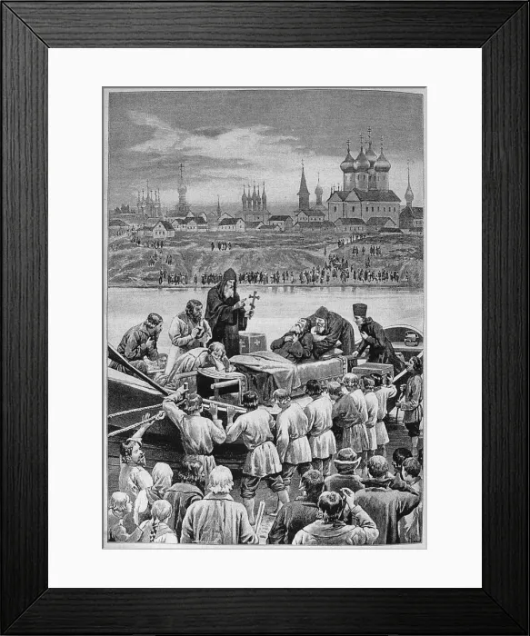 Framed Print : The Death of Patriarch Nikon at the Kotorosl River in Tropino. Artist: Dmitriev-Orenburgsky, Nikolai Dmitrievich (1837-1898) Framed Print : The Death of Patriarch Nikon at the Kotorosl River in Tropino. Artist: Dmitriev-Orenburgsky, Nikolai Dmitrievich (1837-1898)