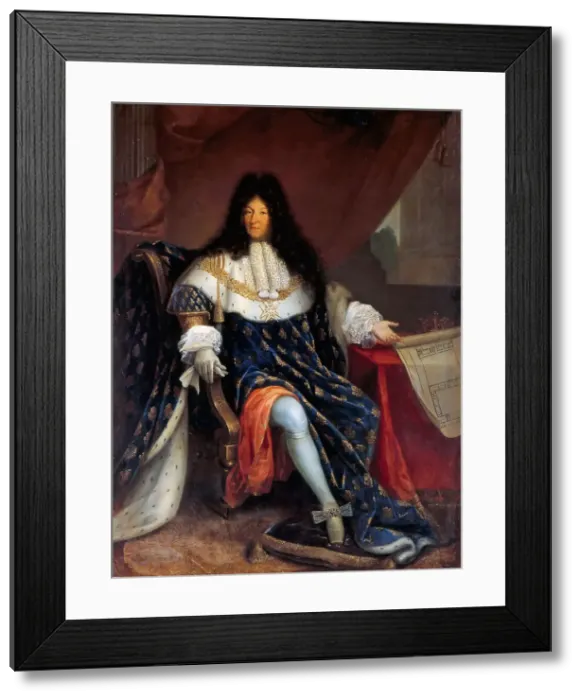 Framed Print : Portrait of Louis XIV Holding the Plan for the Maison Royale de Saint-Louis at Saint-Cyr. Artist: Jollain, Nicolas-Rene (1732-1804) Framed Print : Portrait of Louis XIV Holding the Plan for the Maison Royale de Saint-Louis at Saint-Cyr. Artist: Jollain, Nicolas-Rene (1732-1804)