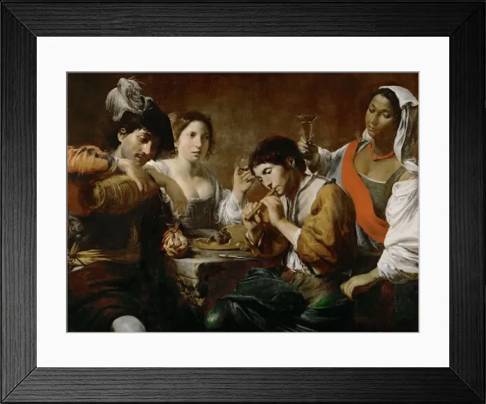 Framed Print : Meeting in a Tavern (Musician and Drinkers). Artist: Valentin de Boullogne (1591-1632) Framed Print : Meeting in a Tavern (Musician and Drinkers). Artist: Valentin de Boullogne (1591-1632)