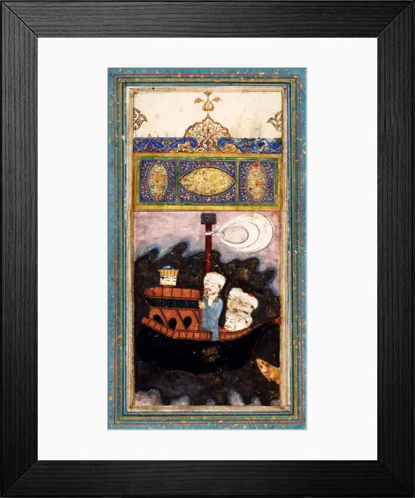 Framed Print : Trade Ship attacked by Pirates. (From Aina-i Iskandari (Mirror of Alexander the Great) by Amir Khusr Artist: Iranian master Framed Print : Trade Ship attacked by Pirates. (From Aina-i Iskandari (Mirror of Alexander the Great) by Amir Khusr Artist: Iranian master