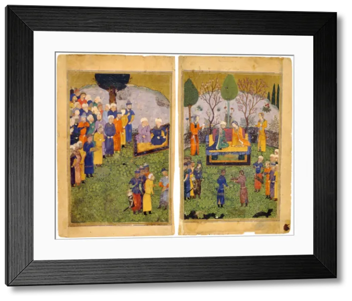 Framed Print : A Princely Couple with Courtiers in a Garden. From the Shahnama (Book of Kings). Artist: Iranian master Framed Print : A Princely Couple with Courtiers in a Garden. From the Shahnama (Book of Kings). Artist: Iranian master