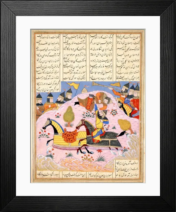 Framed Print : Malik Lifts Abu l Mihjan from the Saddle. From Khavarannama (The Book of the East) of ibn Husam al-D Artist: Iranian master Framed Print : Malik Lifts Abu l Mihjan from the Saddle. From Khavarannama (The Book of the East) of ibn Husam al-D Artist: Iranian master