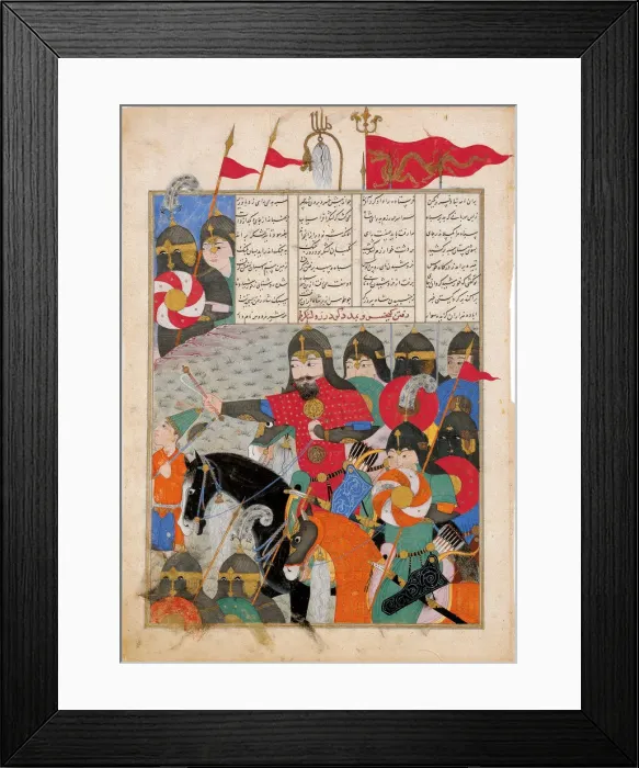 Framed Print : Kay Khusraw Marches to Gudarzs Rescue. (Manuscript illumination from the epic Shahname by Ferdowsi. Artist: Iranian master Framed Print : Kay Khusraw Marches to Gudarzs Rescue. (Manuscript illumination from the epic Shahname by Ferdowsi. Artist: Iranian master