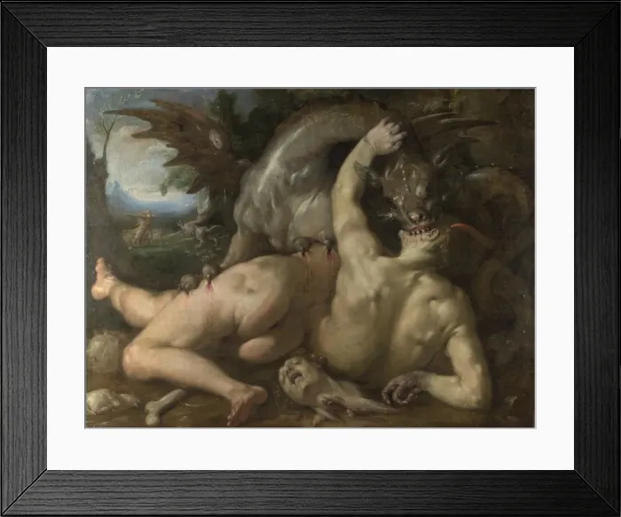 Framed Print : Two Followers of Cadmus devoured by a Dragon, 1588. Artist: Haarlem, Cornelis Cornelisz. van (1562-1638) Framed Print : Two Followers of Cadmus devoured by a Dragon, 1588. Artist: Haarlem, Cornelis Cornelisz. van (1562-1638)