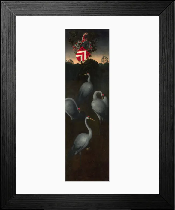Framed Print : Cranes with the coat of arms of the Pagagnotti family (The reverse of a Panel from a Triptych), c. 1480. Artist: Memling, Hans (1433 / 40-1494) Framed Print : Cranes with the coat of arms of the Pagagnotti family (The reverse of a Panel from a Triptych), c. 1480. Artist: Memling, Hans (1433 / 40-1494)