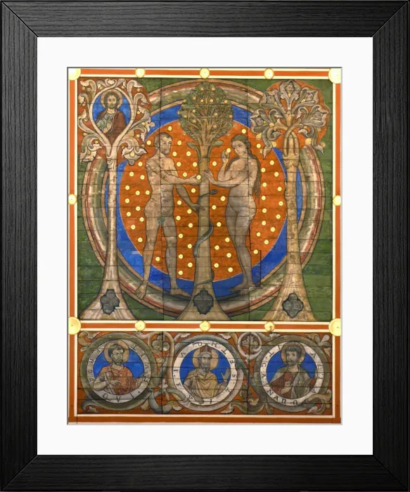 Framed Print : dam and Eve. Detail of the painted wooden ceiling of the St. Michaels Church, Hildesheim, ca 1230. Artist: Master of Lower Saxony (active ca. 1230) Framed Print : dam and Eve. Detail of the painted wooden ceiling of the St. Michaels Church, Hildesheim, ca 1230. Artist: Master of Lower Saxony (active ca. 1230)