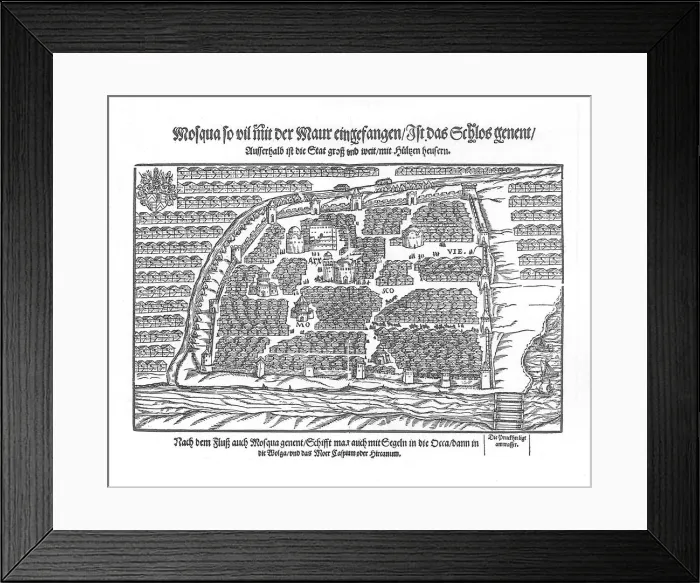 Framed Print : The Moscow Map (From Moscouiter wunderbare Historien by Sigmund von Herberstein), 1567. Artist: Anonymous Framed Print : The Moscow Map (From Moscouiter wunderbare Historien by Sigmund von Herberstein), 1567. Artist: Anonymous