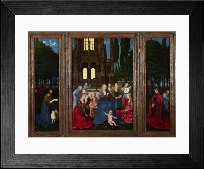 Framed Print : The Virgin and Child with Saints and Angels in a Garden, c. 1500. Artist: Netherlandish master Framed Print : The Virgin and Child with Saints and Angels in a Garden, c. 1500. Artist: Netherlandish master