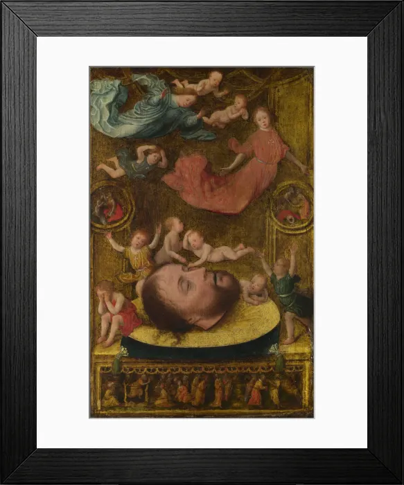 Framed Print : The Head of Saint John the Baptist, with Mourning Angels and Putti, Early16th cen Artist: Mostaert, Jan (1472 / 73-1555 / 56) Framed Print : The Head of Saint John the Baptist, with Mourning Angels and Putti, Early16th cen Artist: Mostaert, Jan (1472 / 73-1555 / 56)
