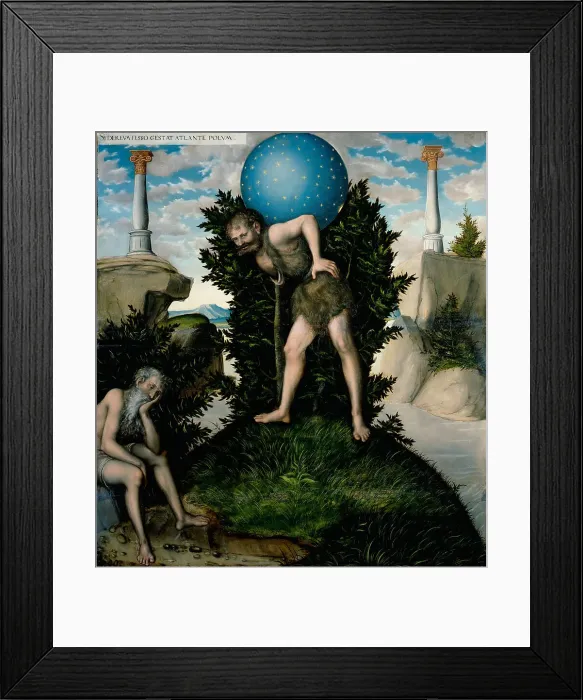 Framed Print : Atlas and Hercules (From The Labours of Hercules). Artist: Cranach, Lucas, the Elder (1472-1553) Framed Print : Atlas and Hercules (From The Labours of Hercules). Artist: Cranach, Lucas, the Elder (1472-1553)