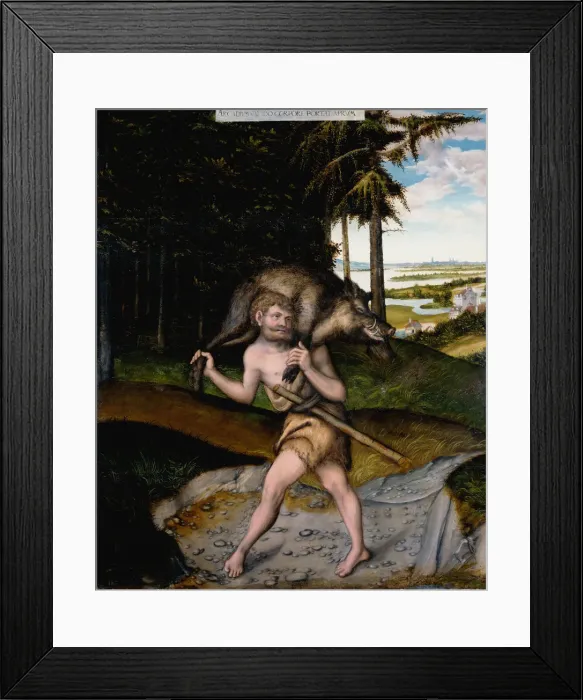 Framed Print : Heracles and the Erymanthian Boar (From The Labours of Hercules). Artist: Cranach, Lucas, the Elder (1472-1553) Framed Print : Heracles and the Erymanthian Boar (From The Labours of Hercules). Artist: Cranach, Lucas, the Elder (1472-1553)