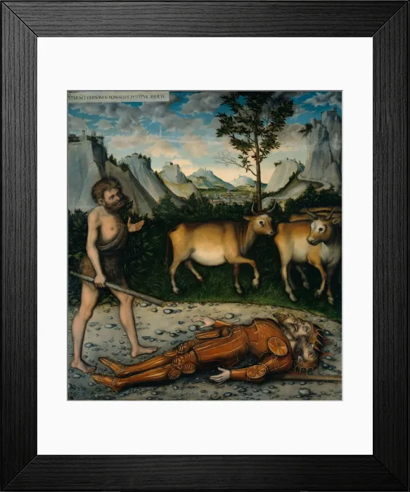 Framed Print : Hercules and the Cattle of Geryones (From The Labours of Hercules). Artist: Cranach, Lucas, the Elder (1472-1553) Framed Print : Hercules and the Cattle of Geryones (From The Labours of Hercules). Artist: Cranach, Lucas, the Elder (1472-1553)