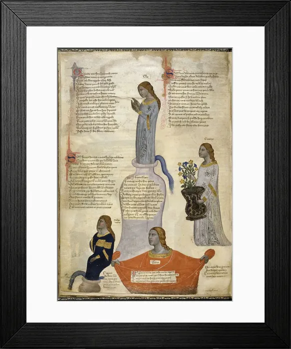 Framed Print : Four Muses (From Regia Carmina by Convenevole da Prato). Artist: Pacino di Buonaguida (active 1302-1343) Framed Print : Four Muses (From Regia Carmina by Convenevole da Prato). Artist: Pacino di Buonaguida (active 1302-1343)