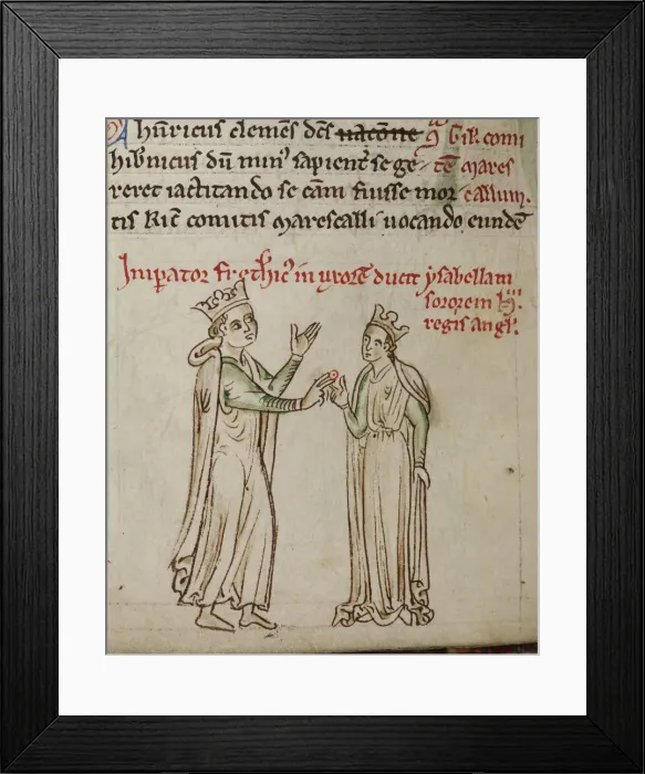Framed Print : Frederick II and Isabella of England (From the Historia Anglorum, Chronica majora). Artist: Paris, Matthew (c. 1200-1259) Framed Print : Frederick II and Isabella of England (From the Historia Anglorum, Chronica majora). Artist: Paris, Matthew (c. 1200-1259)