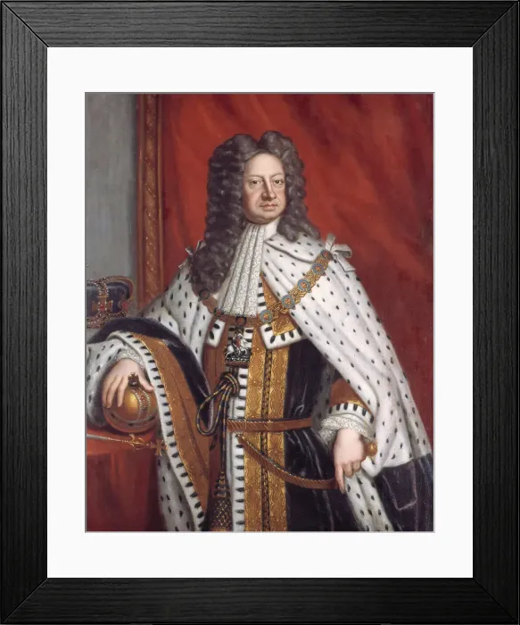 Framed Print : Portrait of George I in Anointment Robe. Artist: Kneller, Sir Gotfrey (1646-1723) Framed Print : Portrait of George I in Anointment Robe. Artist: Kneller, Sir Gotfrey (1646-1723)