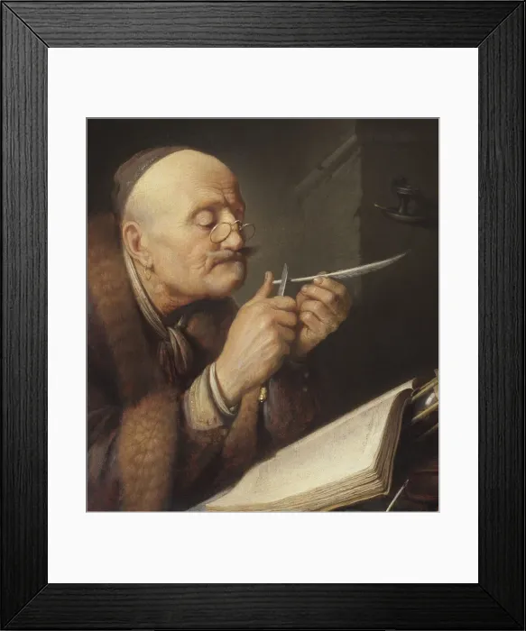 Framed Print : Scholar sharpening a quill pen. Artist: Dou, Gerard (Gerrit) (1613-1675) Framed Print : Scholar sharpening a quill pen. Artist: Dou, Gerard (Gerrit) (1613-1675)