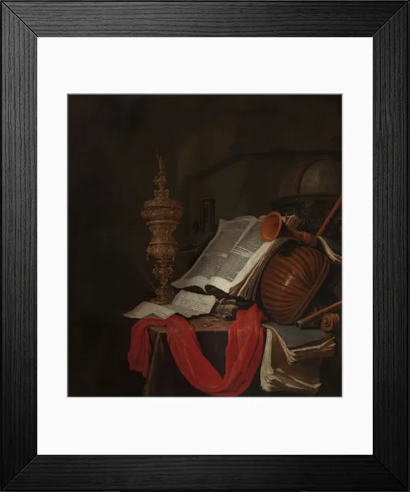 Framed Print : Still life with musical instruments and books (Vanitas). Artist: Vermeulen, Jan (active 1638-1674) Framed Print : Still life with musical instruments and books (Vanitas). Artist: Vermeulen, Jan (active 1638-1674)
