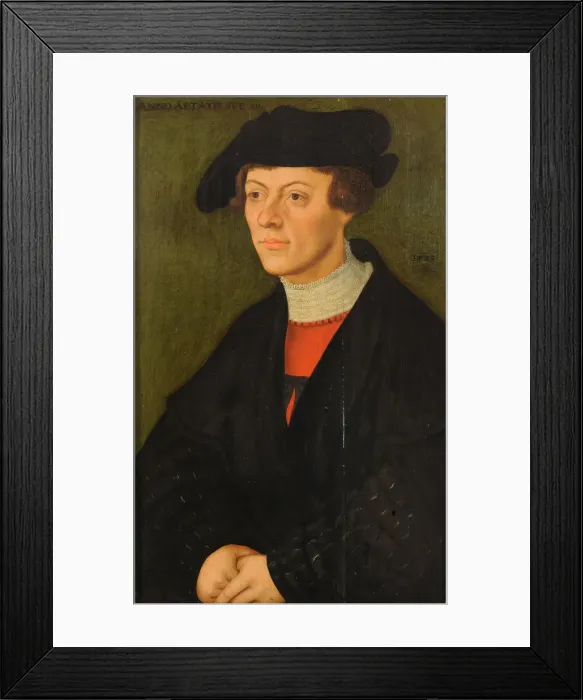 Framed Print : Portrait of a 19-year-old young man in black clothes. Artist: Cranach, Lucas, the Elder (1472-1553) Framed Print : Portrait of a 19-year-old young man in black clothes. Artist: Cranach, Lucas, the Elder (1472-1553)