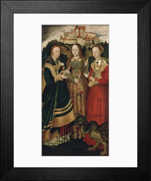 Framed Print : Altarpiece with the Martyrdom of Saint Catharine, right wing: The Saint Barbara, Ursula and Margaret Artist: Cranach, Lucas, the Elder (1472-1553) Framed Print : Altarpiece with the Martyrdom of Saint Catharine, right wing: The Saint Barbara, Ursula and Margaret Artist: Cranach, Lucas, the Elder (1472-1553)