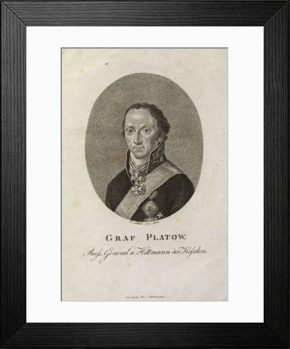 Framed Print : Portrait of Count Matvei Ivanovich Platov (1757-1818). Artist: Schulz, Karl Friedrich (1796-1866) Framed Print : Portrait of Count Matvei Ivanovich Platov (1757-1818). Artist: Schulz, Karl Friedrich (1796-1866)