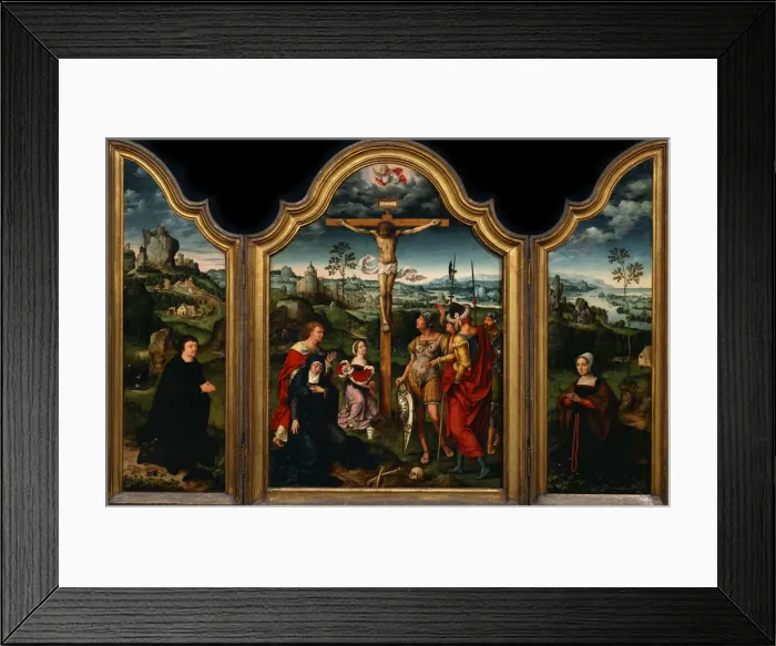Framed Print : Triptych: The Crucifixion with Donor and His Wife. Artist: Cleve, Joos, van (ca. 1485-1540) Framed Print : Triptych: The Crucifixion with Donor and His Wife. Artist: Cleve, Joos, van (ca. 1485-1540)