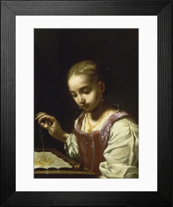 Framed Print : Girl Sewing. Artist: Amorosi, Antonio (1660-1738) Framed Print : Girl Sewing. Artist: Amorosi, Antonio (1660-1738)