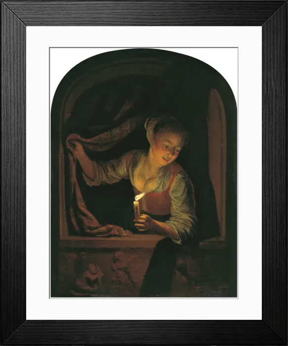Framed Print : Woman with a lighted Candle at a Window. Artist: Dou, Gerard (Gerrit) (1613-1675) Framed Print : Woman with a lighted Candle at a Window. Artist: Dou, Gerard (Gerrit) (1613-1675)