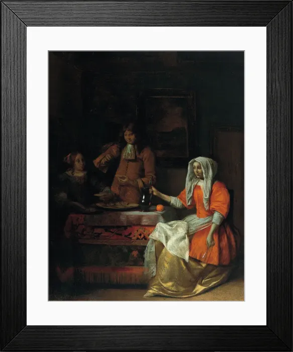 Framed Print : Interior with Two Women and a Man Drinking and Eating Oysters. Artist: Hooch, Pieter, de (1629-1684) Framed Print : Interior with Two Women and a Man Drinking and Eating Oysters. Artist: Hooch, Pieter, de (1629-1684)