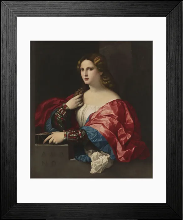 Framed Print : Portrait of a young woman (La Bella). Artist: Palma il Vecchio, Jacopo, the Elder (1480-1528) Framed Print : Portrait of a young woman (La Bella). Artist: Palma il Vecchio, Jacopo, the Elder (1480-1528)