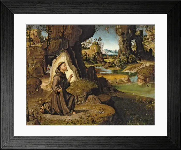 Framed Print : Saint Francis receiving the Stigmata. Artist: Pirri, Antonio (active ca 1500-1550) Framed Print : Saint Francis receiving the Stigmata. Artist: Pirri, Antonio (active ca 1500-1550)
