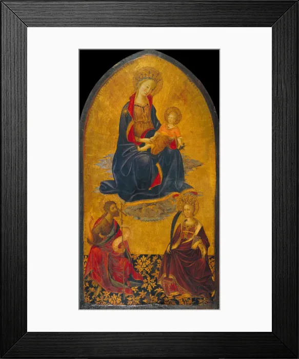 Framed Print : The Adoration of the Virgin and Child by Saint John the Baptist and Saint Catherine. Artist: Starnina, Gherardo (c. 1364-1413) Framed Print : The Adoration of the Virgin and Child by Saint John the Baptist and Saint Catherine. Artist: Starnina, Gherardo (c. 1364-1413)