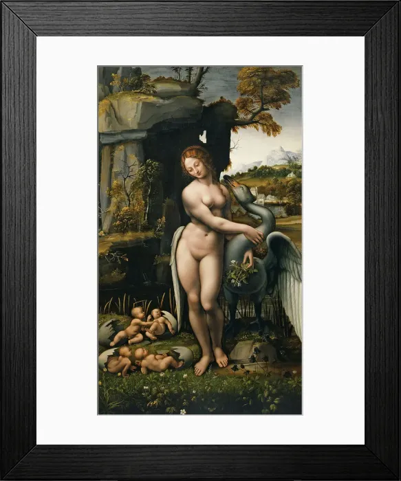 Framed Print : Leda and the Swan. Artist: Leonardo da Vinci, (School) Framed Print : Leda and the Swan. Artist: Leonardo da Vinci, (School)