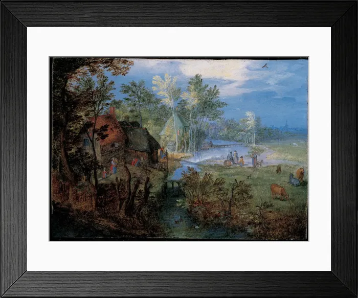 Framed Print : Village with peasants and animals. Artist: Brueghel, Jan, the Elder (1568-1625) Framed Print : Village with peasants and animals. Artist: Brueghel, Jan, the Elder (1568-1625)