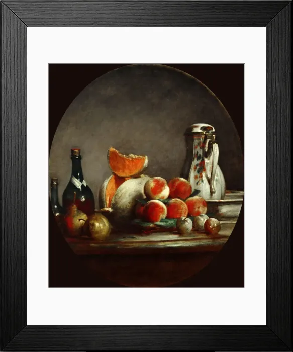 Framed Print : Melons, pears, peaches and plums, or The cut melon. Artist: Chardin, Jean-Baptiste Simeon (1699-1779)