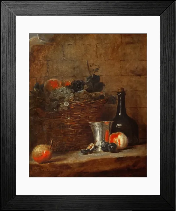 Framed Print : Fruit Basket with Grapes, a Silver Goblet and a Bottle, Peaches, Plums, and a Pear. Artist: Chardin, Jean-Baptiste Simeon (1699-1779) Framed Print : Fruit Basket with Grapes, a Silver Goblet and a Bottle, Peaches, Plums, and a Pear. Artist: Chardin, Jean-Baptiste Simeon (1699-1779)