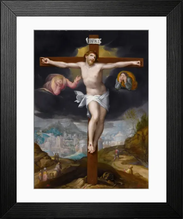 Framed Print : Christ on the Cross between two angels. Artist: Mostaert, Gillis (1534-1598) Framed Print : Christ on the Cross between two angels. Artist: Mostaert, Gillis (1534-1598)