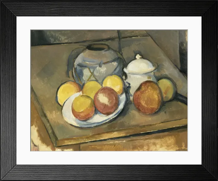 Framed Print : Vase, Sugar Bowl and Apples. Artist: Cezanne, Paul (1839-1906) Framed Print : Vase, Sugar Bowl and Apples. Artist: Cezanne, Paul (1839-1906)