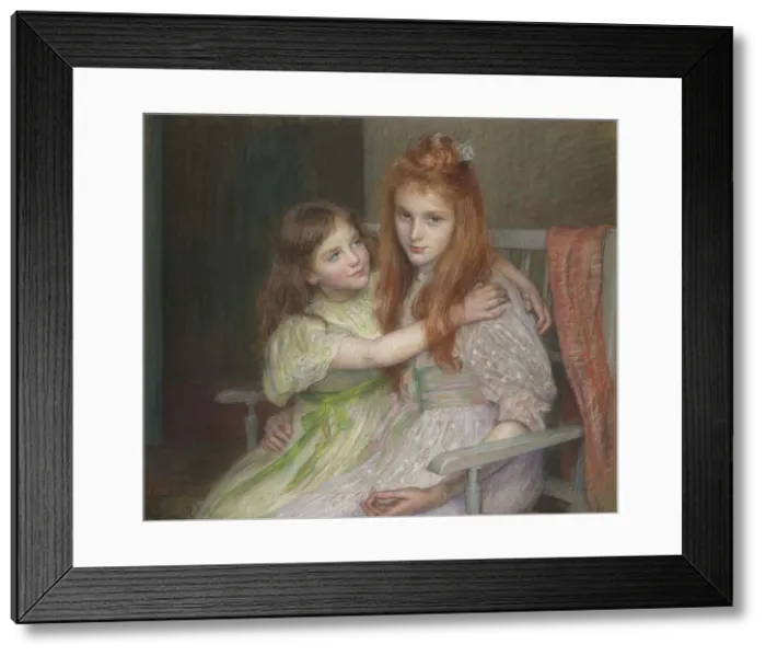 Framed Print : Two girls sitting on a bench. Artist: Breslau, Louise-Catherine (1856-1927) Framed Print : Two girls sitting on a bench. Artist: Breslau, Louise-Catherine (1856-1927)