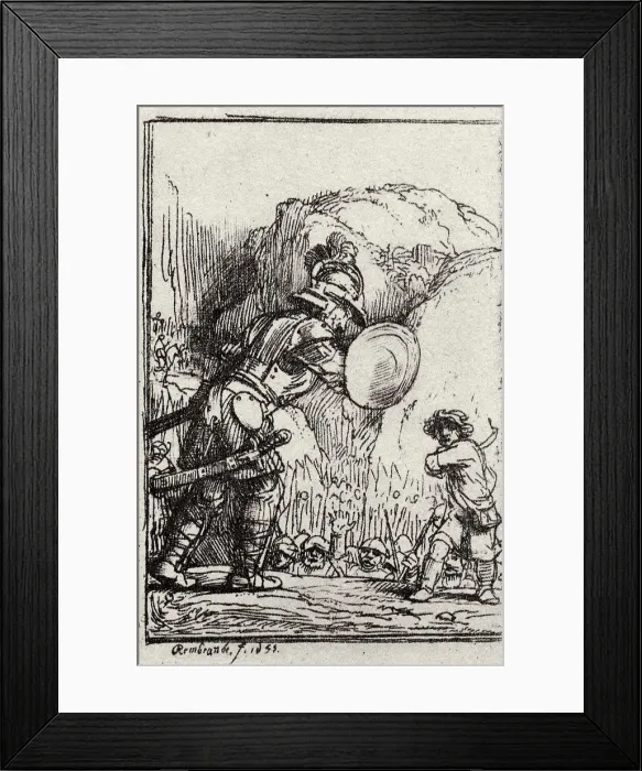 Framed Print : David and Goliath. Illustration for Piedra gloriosa by Menasseh ben Israel. Artist: Rembrandt van Rhijn (1606-1669) Framed Print : David and Goliath. Illustration for Piedra gloriosa by Menasseh ben Israel. Artist: Rembrandt van Rhijn (1606-1669)