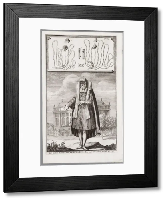 Framed Print : Jewish man, dressed for prayer. On the background the Portuguese Synagogue of Amsterdam. Artist: Luyken, Jan (Johannes) (1649-1712) Framed Print : Jewish man, dressed for prayer. On the background the Portuguese Synagogue of Amsterdam. Artist: Luyken, Jan (Johannes) (1649-1712)